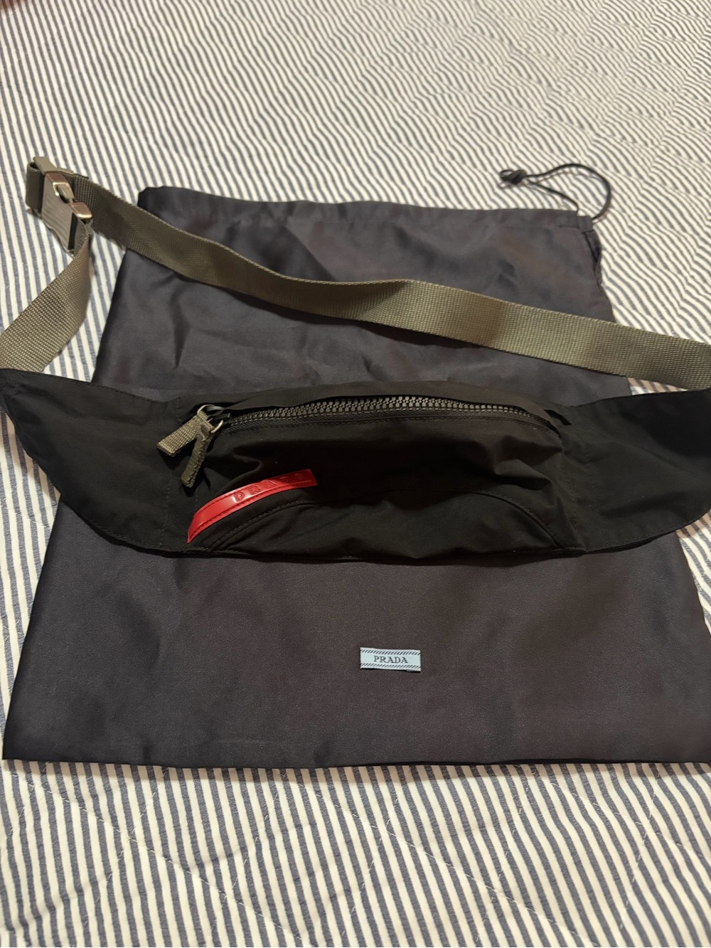 Prada Black Nylon Belt Bag with Olive Strap and Red Zip Pull